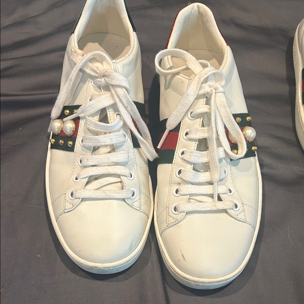 Gucci White Sneakers with Pearl and Stud Accents